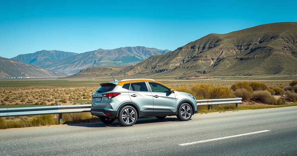 A stolen Toyota Corolla Cross intercepted by police on a highway with a backdrop of South African landscape.