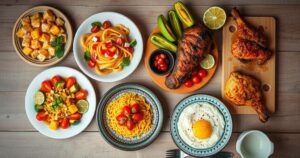 A vibrant display of traditional Peruvian cuisine with colorful dishes against a rustic wooden backdrop in celebration of the festival.