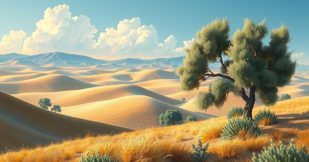 Calm landscape of Sweida with hills, olive trees, and a serene sky, symbolizing hope amidst conflict.
