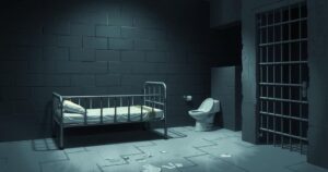 A Salvadoran prison cell with a bed, a toilet, and sparse lighting, conveying a stark environment.