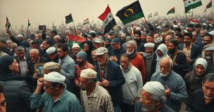 A group of mourners at a funeral in Libya, holding flags and photos in a show of unity amidst a backdrop of defiance.