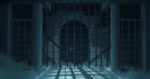 Dark, somber illustration of a prison cell with bars and rough stone walls, conveying a sense of confinement and despair.