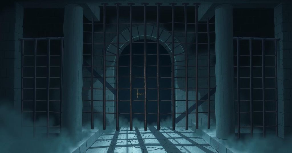 Dark, somber illustration of a prison cell with bars and rough stone walls, conveying a sense of confinement and despair.