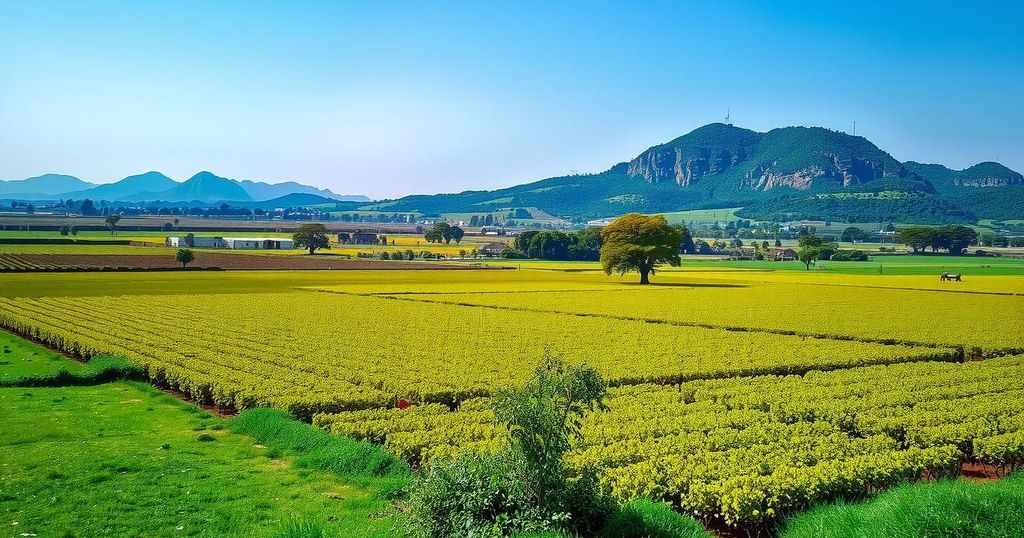 A serene landscape of a minefield in Angola, featuring green foliage and distant mountains under a clear blue sky.