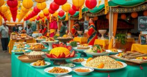 Vibrant Peruvian cuisine showcased at a festival with diverse dishes, colorful decor, and elegant table settings.