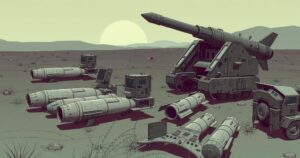 A symbolic representation of military cooperation featuring artillery shells and missiles in a warlike setting.