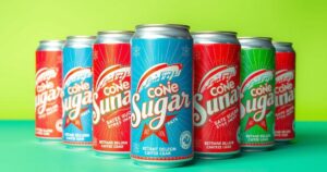 Colorful array of soda cans with a vintage cane sugar design, surrounded by a bright summery background.