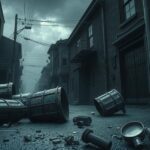 A dark alley in a city with overturned trash cans and broken glass, under a gray, stormy sky.