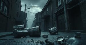 A dark alley in a city with overturned trash cans and broken glass, under a gray, stormy sky.