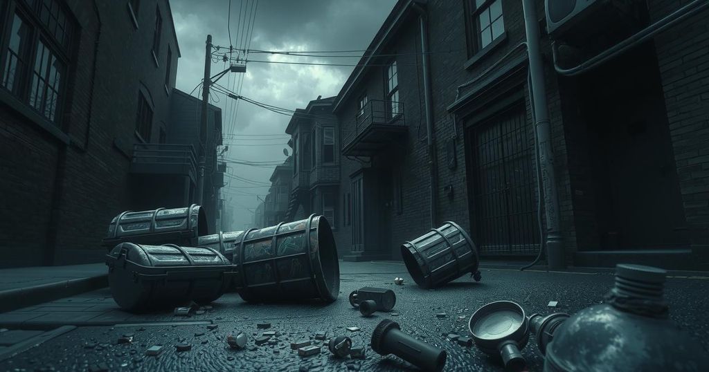 A dark alley in a city with overturned trash cans and broken glass, under a gray, stormy sky.