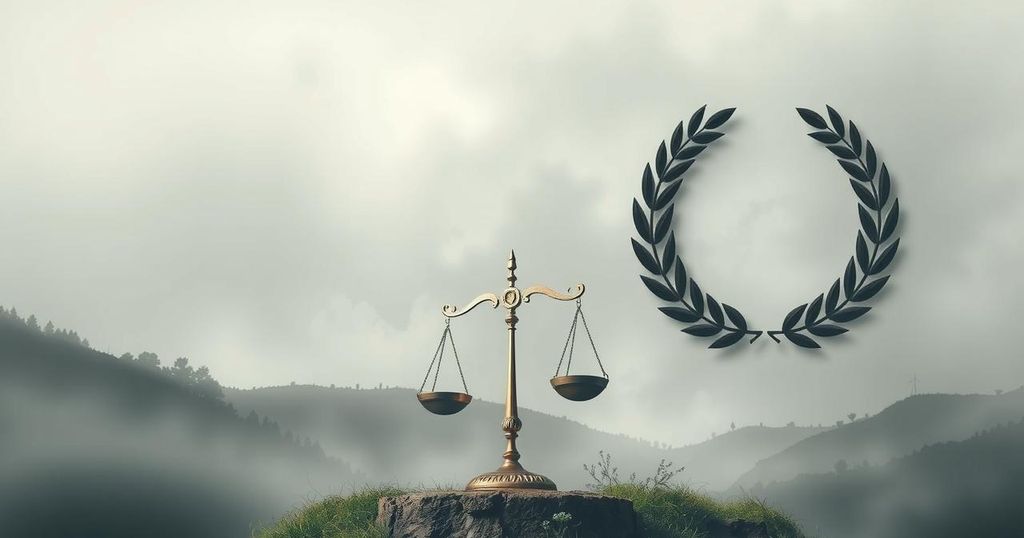 Foggy Lebanese landscape with political symbols, illustrating themes of governance and disarmament debates.