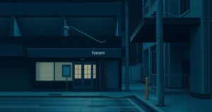 A nighttime urban scene featuring a deserted street in Harare with dim lighting, showcasing a business entrance with a sign, and closed doors.