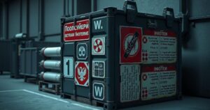 A detailed depiction of a fabricated nuclear container with clear indicators of false narratives, featuring bold colors.