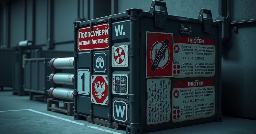 A detailed depiction of a fabricated nuclear container with clear indicators of false narratives, featuring bold colors.