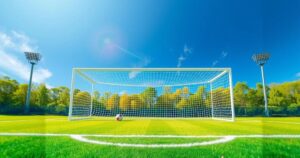 A vibrant soccer field with green grass and goalposts under a blue sky, capturing the spirit of competition.
