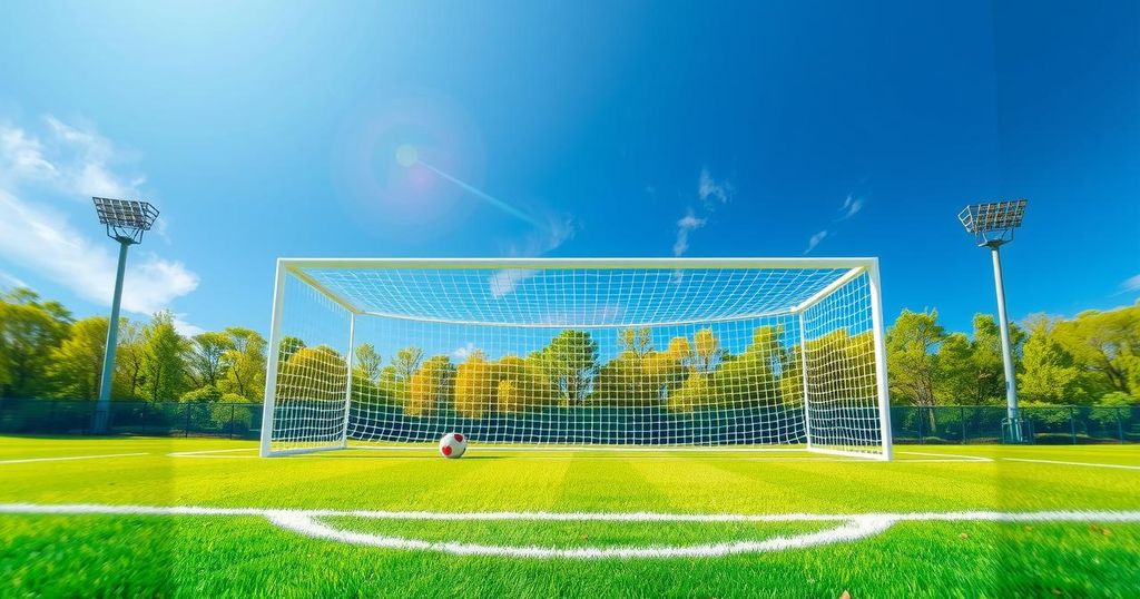 A vibrant soccer field with green grass and goalposts under a blue sky, capturing the spirit of competition.