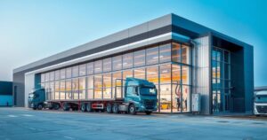Truck assembly facility in Senegal with modern architecture, featuring industrial equipment and a clear blue sky.