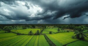 A vibrant portrayal of Madagascar's landscape post-cyclone, emphasizing resilience with dark storm clouds and bright green crops.