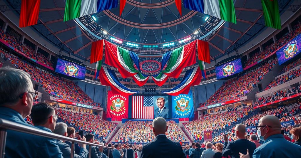 Cousins sharing a stage in a rally, symbolizing political unity and family legacy, vibrant colors highlighting the event