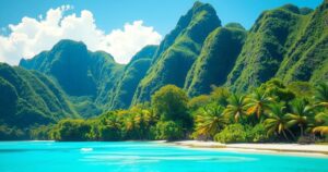 A scenic view of Saint Lucia's lush mountains and coastline, showcasing the island's natural beauty and tranquility.