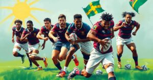 Dynamic rugby action showing Fijian team in vibrant colors ready for a match against Australia.