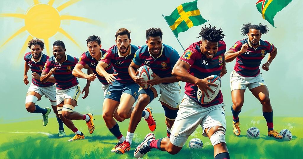 Dynamic rugby action showing Fijian team in vibrant colors ready for a match against Australia.