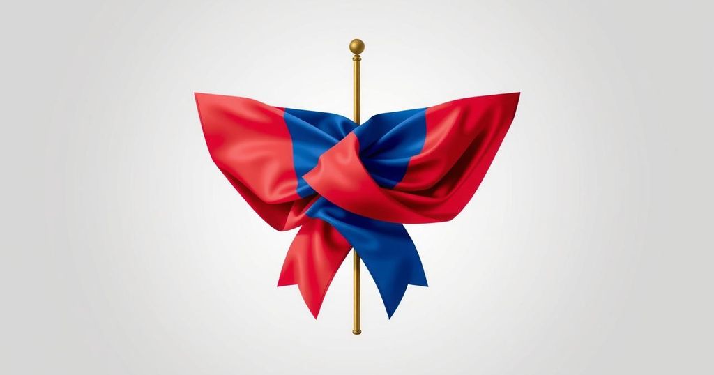 Two countries' flags intertwined symbolizing unity and alliance between North Korea and Russia.