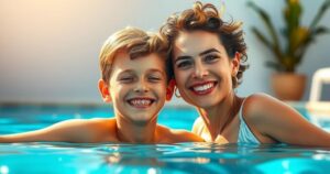 A heartfelt snapshot of a mother and son enjoying quality time together at a poolside setting.
