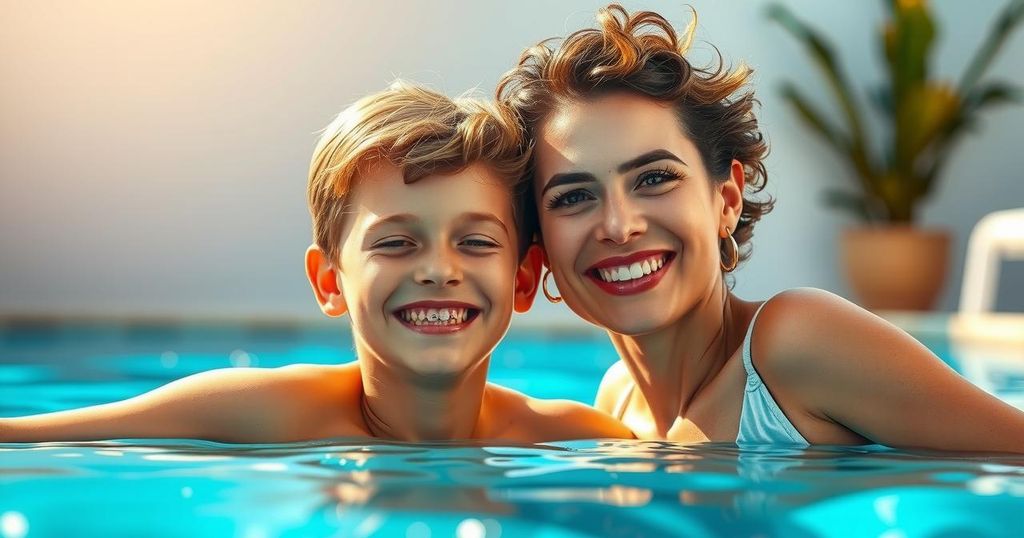 A heartfelt snapshot of a mother and son enjoying quality time together at a poolside setting.