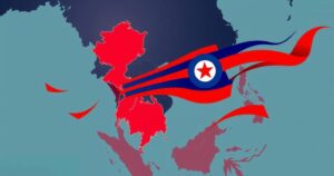 A stylized map highlighting Laos and North Korea's alliance amidst geopolitical tensions, using bold colors.