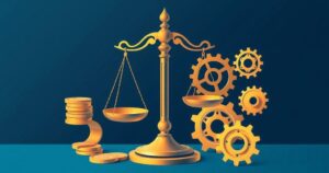 Abstract representation of legislation with symbolic elements like scales, coins, and gears, in a blue and gold color scheme.