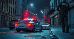 A car parked near an urban area, representing law enforcement action against organized crime.