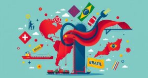 A digital representation of tariffs with imagery of Brazil and abstract political themes, in a colorful, contemporary style.
