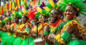 Colorful carnival scene with vibrant costumes and musical instruments, celebrating energy in Kaiso and Soca performances