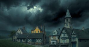 A tense scene of a dark, stormy sky over a tense village scene with shadows and muted colors, reflecting conflict.