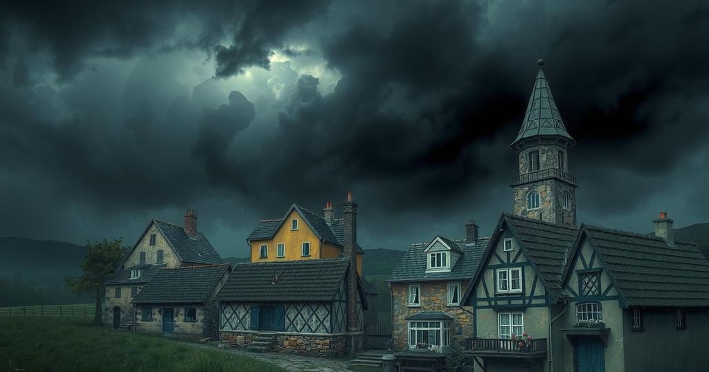 A tense scene of a dark, stormy sky over a tense village scene with shadows and muted colors, reflecting conflict.