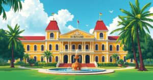 Colorful depiction of Suriname's parliament with architectural elements, reflecting political change and diversity.