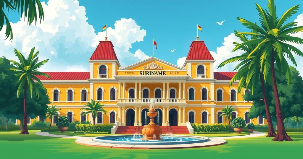 Colorful depiction of Suriname's parliament with architectural elements, reflecting political change and diversity.