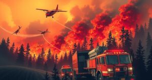 Firefighting aircraft and trucks battling wildfires in a dramatic landscape with smoke billowing from trees.
