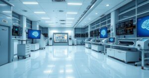 A high-tech brain research lab showcasing advanced technology and scientific equipment in a sterile environment.