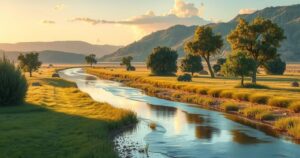 A scenic view of a Texas landscape, showing flood recovery efforts amidst nature's tranquility and resilience.