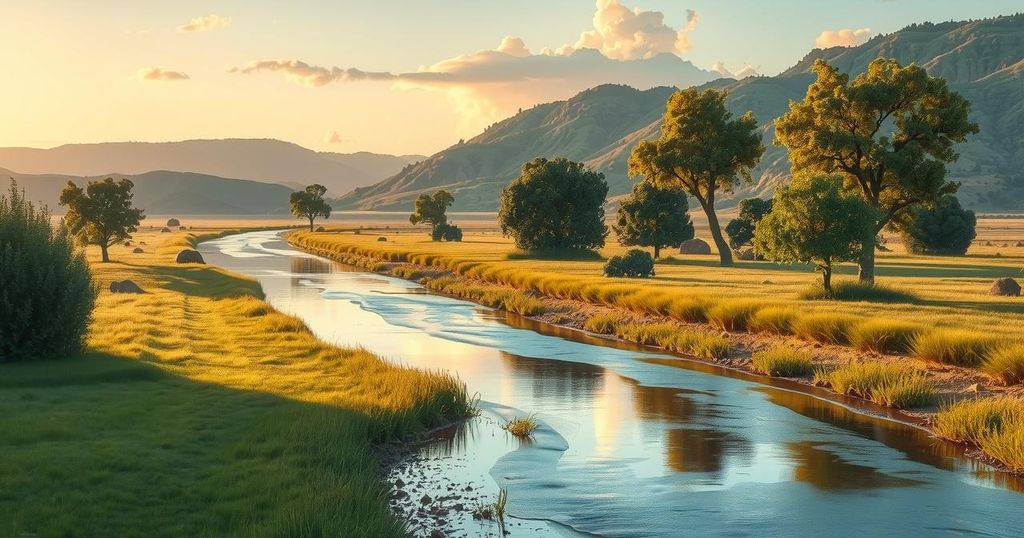 A scenic view of a Texas landscape, showing flood recovery efforts amidst nature's tranquility and resilience.