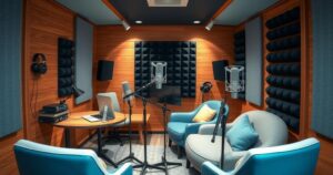 A podcast studio setup with microphones, headphones, and sound equipment, creating a vibrant media environment.