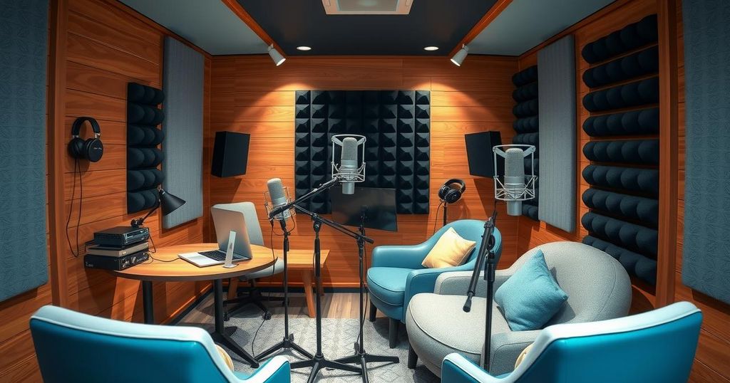A podcast studio setup with microphones, headphones, and sound equipment, creating a vibrant media environment.
