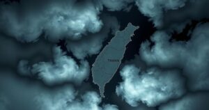 Map of Taiwan and NATO nations surrounded by dark clouds, symbolizing geopolitical tension and conflict.
