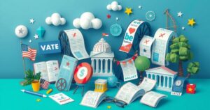 A colorful representation of state elections, with ballots, legislative symbols, and a political theme.