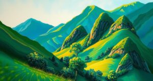 Landscape of Central America showing lush greenery and mountainous terrain with a soft color palette, conveying resilience.