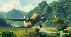 Airplane landing in a remote area surrounded by lush landscapes, representing deportation to Eswatini.