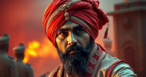 A dynamic Punjabi film scene with a turbaned figure and dramatic background, capturing cultural pride and tension.