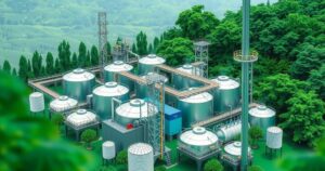 A vibrant scene of a lithium processing plant in Nigeria, showcasing clean energy innovation and industrial development.